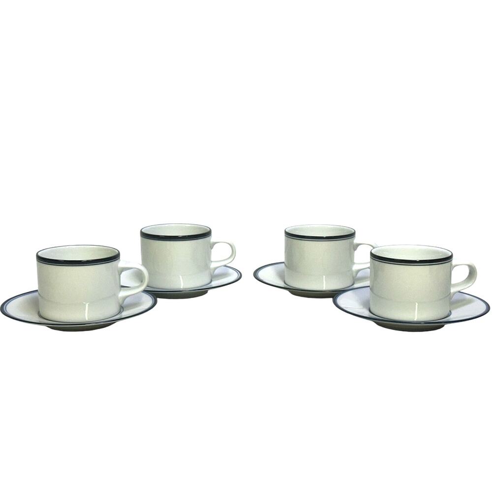 Dansk 'Concerto' Portugal Christianshavn Blue White Flat Cup & Saucer-Set of 4